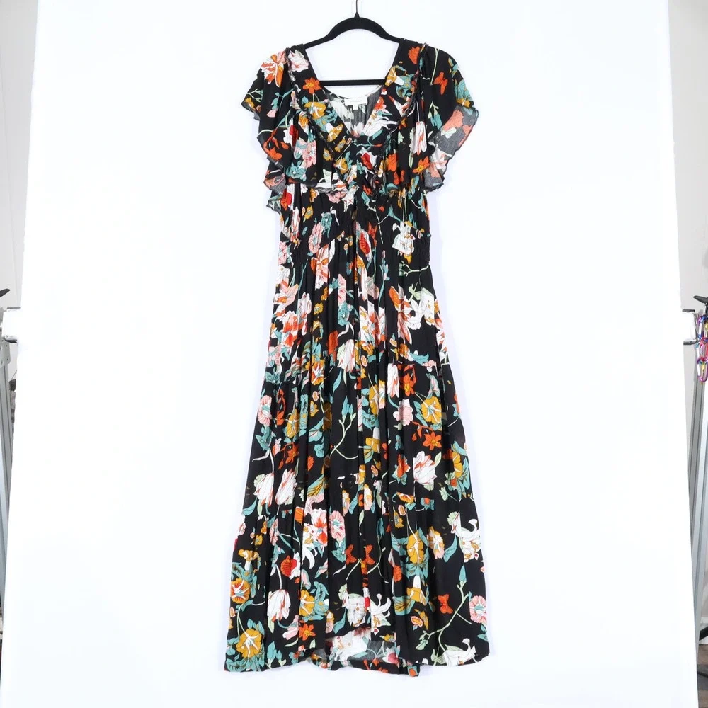 Bohme Floral Maxi Dress Womens XL Black Flutter Sleeve Smocked Waist Boho Flowy